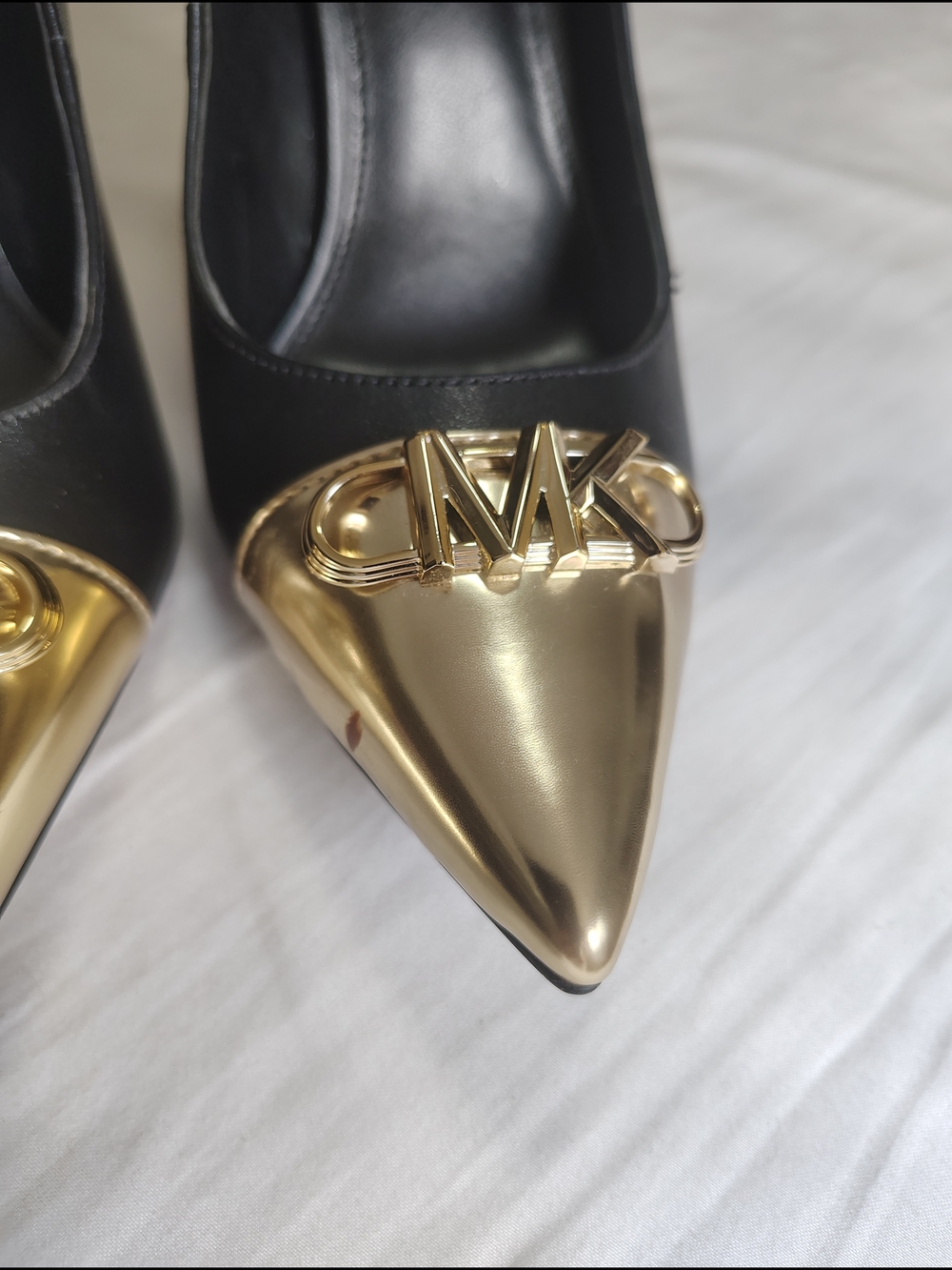 Michael Kors Black Leather Pointed Toe Pumps with Gold Caps - Picture 10 of 15